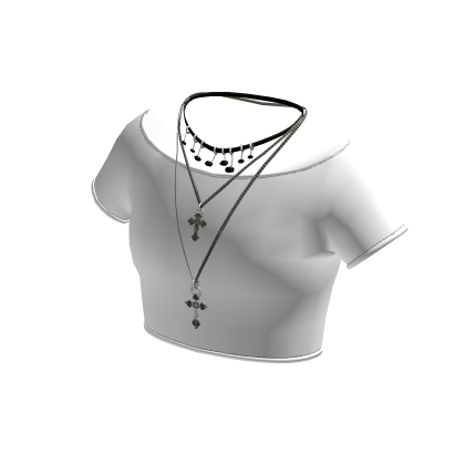 White Crop Top w/ Choker & Layered Cross Necklaces