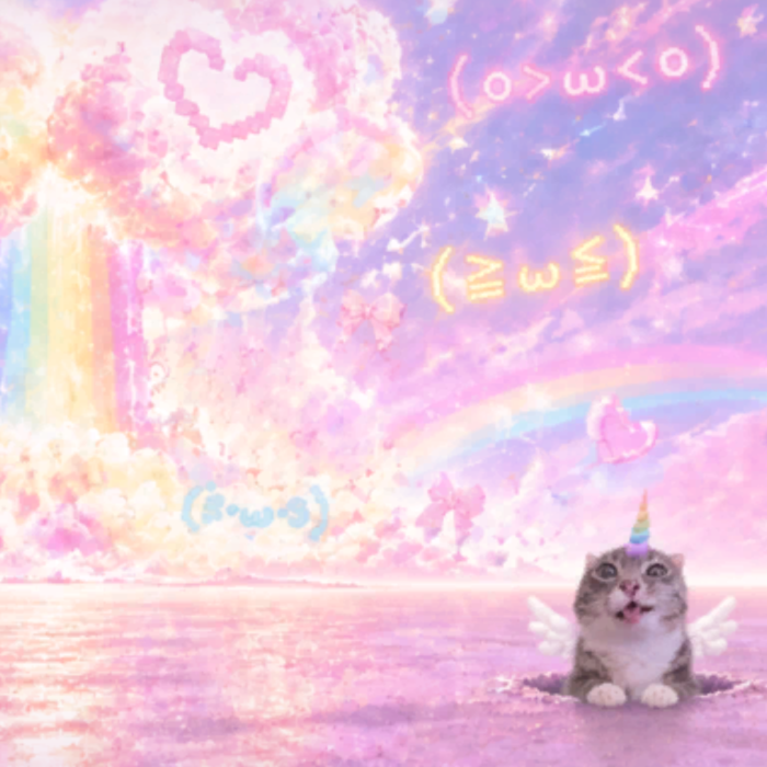Cute Kawaii Silly Cat Rainbow Y2K Meme Background