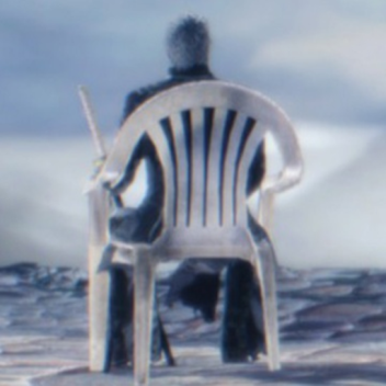 sit on a white plastic chair
