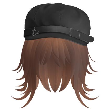 Messy Brown Hair with Black Belted Cap