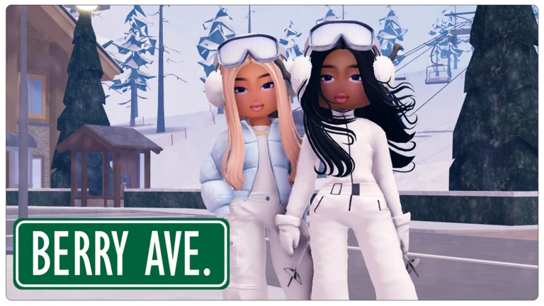 ภาพพรีวิวทางการ Berry Avenue: ตัวละคร Roblox สองตัวสวมชุดฤดูหนาวสีอ่อนและแว่นสกี ยืนบนถนนหน้าฉากภูเขาหิมะ ต้นสน และกระเช้าลอยฟ้า โดยมีป้าย BERRY AVE. ที่มุมซ้ายล่าง