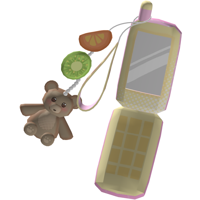 Decora pink flip phone with fruits and teddy charm