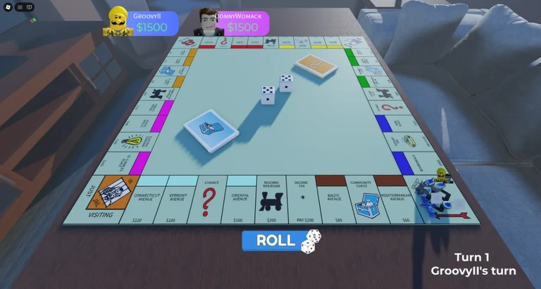 ภาพทางการ Monopoly บน Roblox แสดงปุ่ม ROLL แถบเงิน และตัวบอกเทิร์น