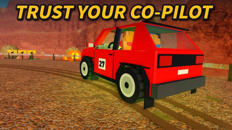 Promotional screenshot captioned TRUST YOUR CO-PILOT: a red blocky hatchback with the number 27 on its door, seen from behind on a gravel road in a red canyon, with yellow chevron signs at the bend