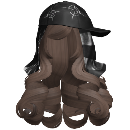 ☆ Long Curly Dark Brown Hair w Black Crosshair Cap Roblox item