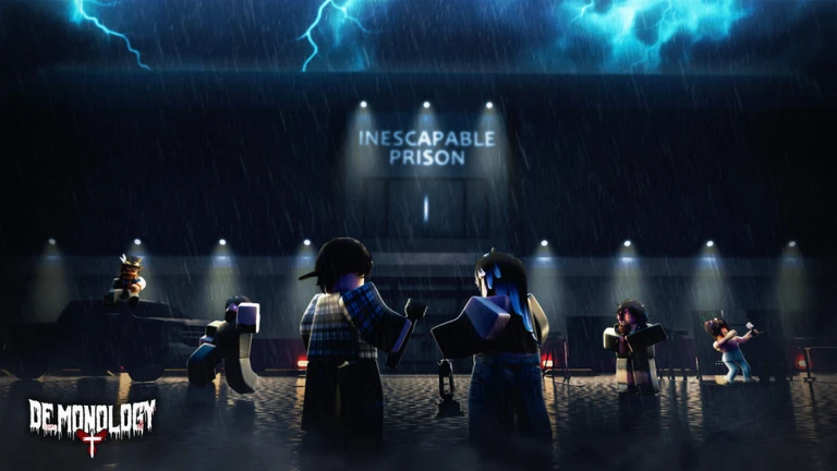 Demonology Roblox gameplay scene in a stormy prison courtyard with players under spotlights