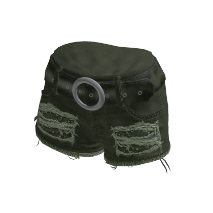 Ripped Denim Shorts w/ Ring Belt (Dark Green)
