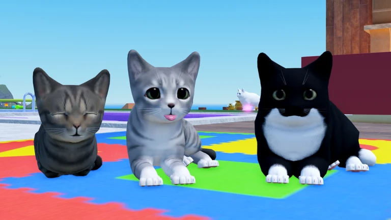 ลูกแมวสามตัวนั่งบนพื้นสีสดในภาพทางการ Kitten Game