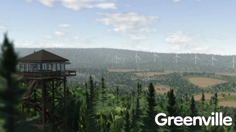 ภาพพรีวิวทางการ Greenville แสดงหอชมวิวเหนือป่า เมือง ถนน และกังหันลม