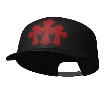 Black red tilted cross trucker cap