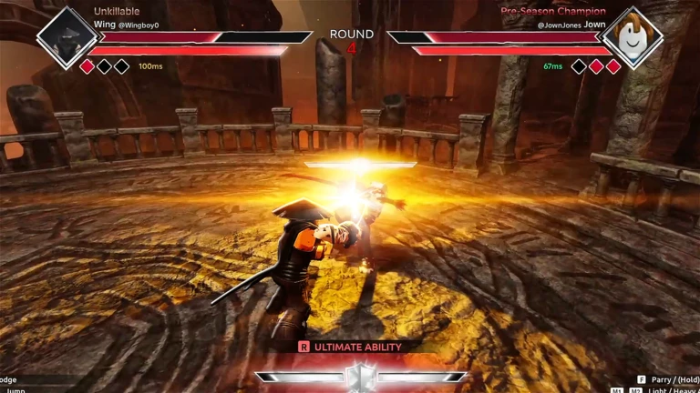 ภาพเกมเพลย์ทางการ Dueling Grounds แสดงเอฟเฟกต์ Ultimate ในลานวงกลม