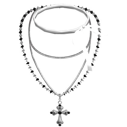Emo White Ribbon + Cross Silver Layered Necklace
