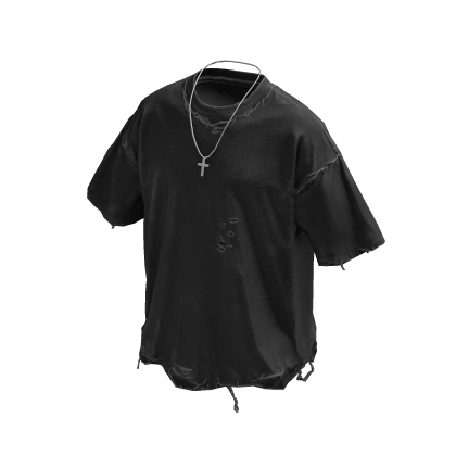 Dark Grey Grunge T-Shirt w/ Silver Cross Chain
