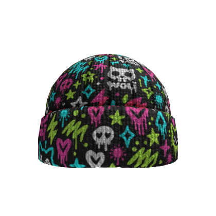 Black Neon Pink Green Skull Graffiti Beanie