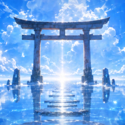 Blue Heaven Torii Gate Anime Sky Ocean Background