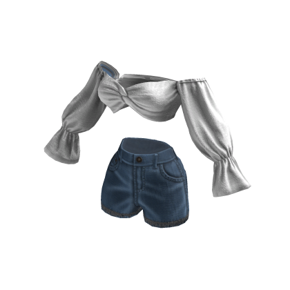 Bow Sleeve Denim Shorts Outfit (White) thumbnail