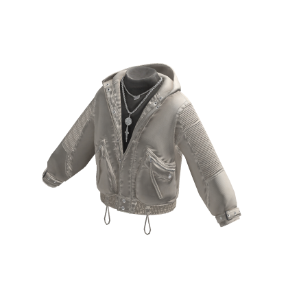 Y2K Grunge Bomber Jacket w/ Hood & Chain (White)