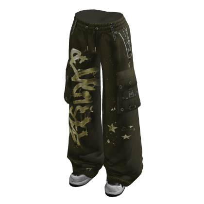 Baggy Pants with Graphic Print (Olive)
