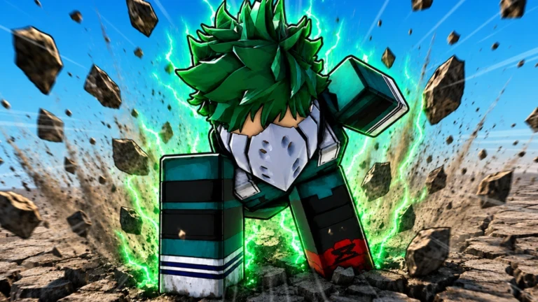 ภาพพรีวิวทางการ Anime Ability Arena: ตัวละครผมสีเขียวสวมหน้ากากคุกเข่าท่ามกลางออร่าสีเขียวและก้อนหินลอย