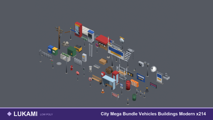Low Poly City Mega Bundle Vehicles Buildings x214 preview 1