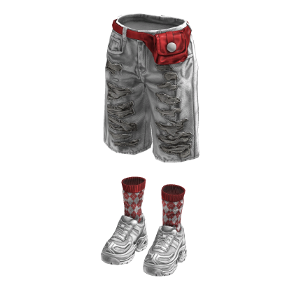 Denim Teared Stylish Jorts (White Red)