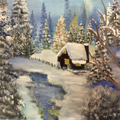 Snowy Painting of Log Cabin Roblox decal