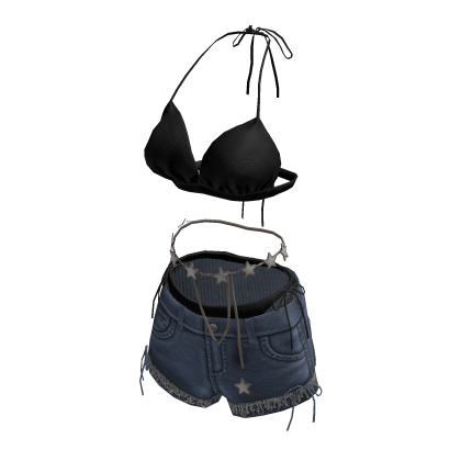 Star Belt Denim Shorts Outfit (Black) thumbnail