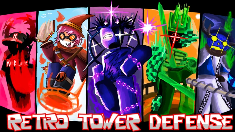 ภาพพรีวิวทางการ Retro Tower Defense: ภาพวาดตัวละครห้าช่องสีแดง ส้ม ม่วง เขียว และน้ำเงิน พร้อมชื่อเกม