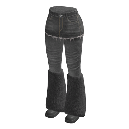 Distressed Flared Jeans Skirt Fur Boots (Gray)
