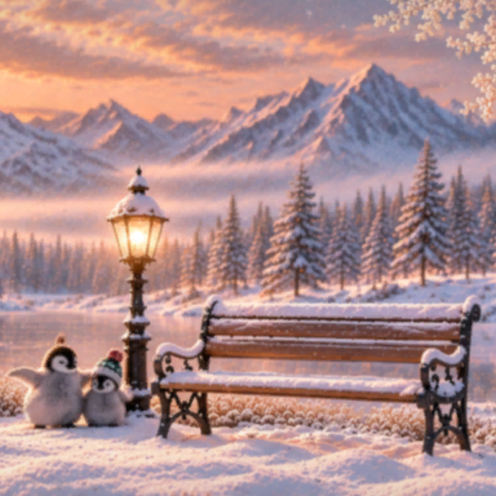 Cute Penguins Winter Sunset Snow Lake Background