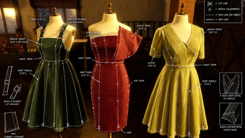 Official promotional art showing green, red and yellow dresses on forms beside design drawings.