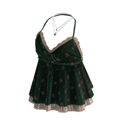Floral Lace Trim Babydoll Top (Green)