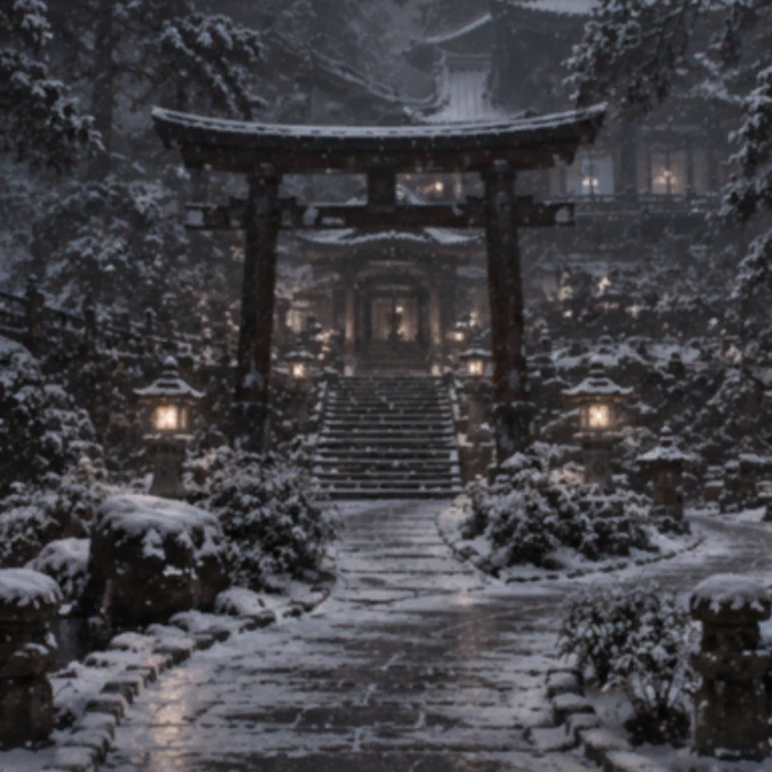 Japanese Snow Temple Winter Night Anime Background