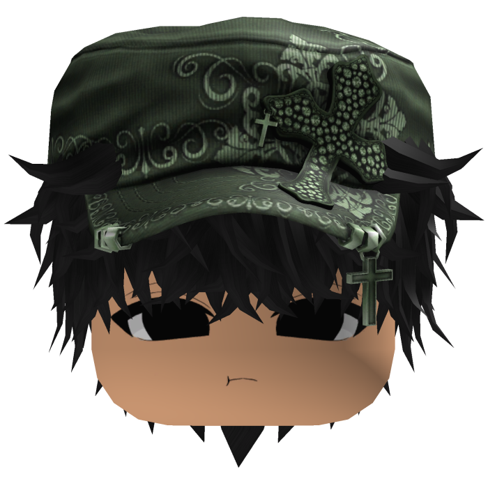 Black Messy Anime Hair w/ Green Cadet Cap