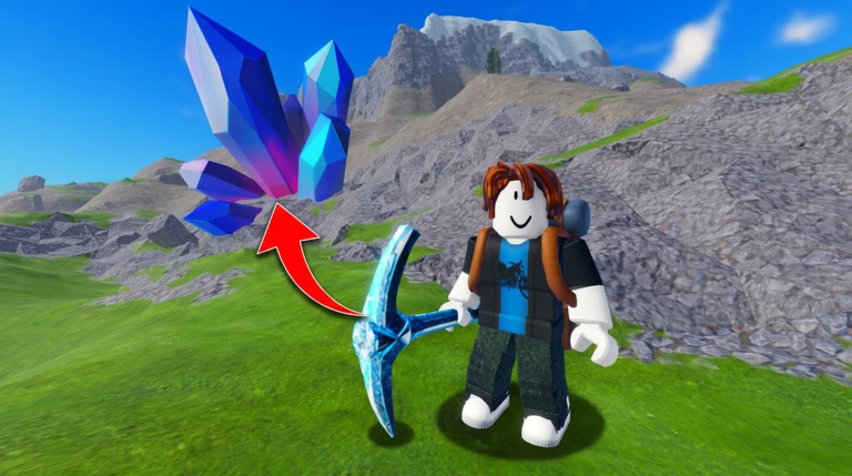 ภาพพรีวิวทางการ Mine a Mountain: crystal สีฟ้าและม่วงลอยอยู่เหนือพื้นหญ้าทางซ้าย มีลูกศรสีแดงชี้ไปหา และตัวละครถืออุปกรณ์ขุดยืนด้านขวาหน้าภูเขา
