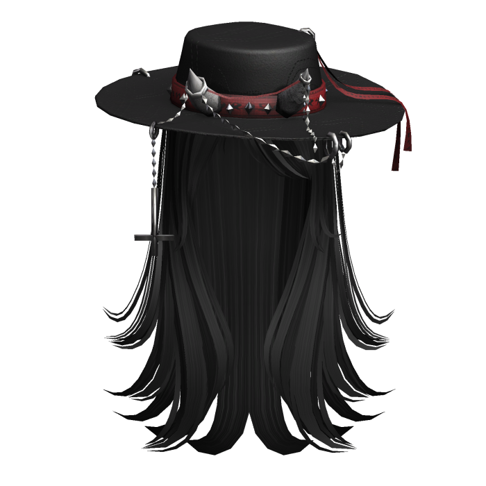 Long layered hair w/ Wide Brim Hat - Black