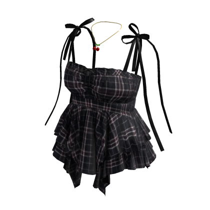 Plaid Peplum Top with Bow Straps (Black)