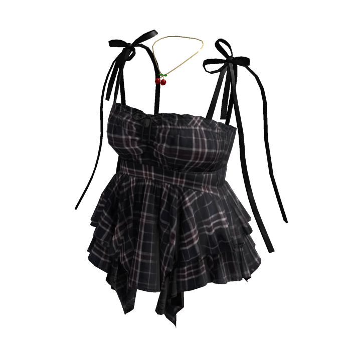 Plaid Peplum Top with Bow Straps (Black)