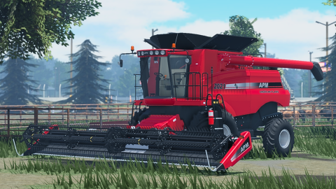 Promotional art: a red combine harvester with a wide header attached and the letters APM on its side, parked on grass beside a cattle pen