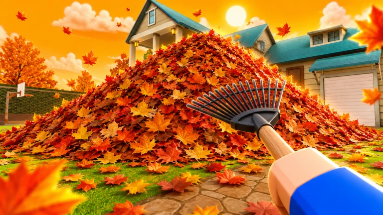 ภาพพรีวิวทางการ Clean all the leaves!: มุมมองบุคคลที่หนึ่งถือคราดสีดำและด้ามไม้หันไปยังกองใบไม้สีส้มขนาดใหญ่หน้าบ้าน โดยมีลูกบาสอยู่ด้านซ้าย