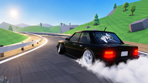 Official How To Drift promotional art: a black boxy sedan drifting on a guard-railed mountain road in daylight, with low-poly hills, pine trees and tyre smoke.