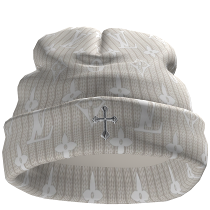 White LV Chrome Cross Worn Beanie