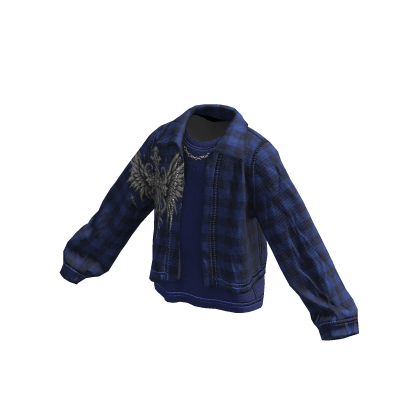 Blue Grunge Flannel Distressed Jacket w/ Chain