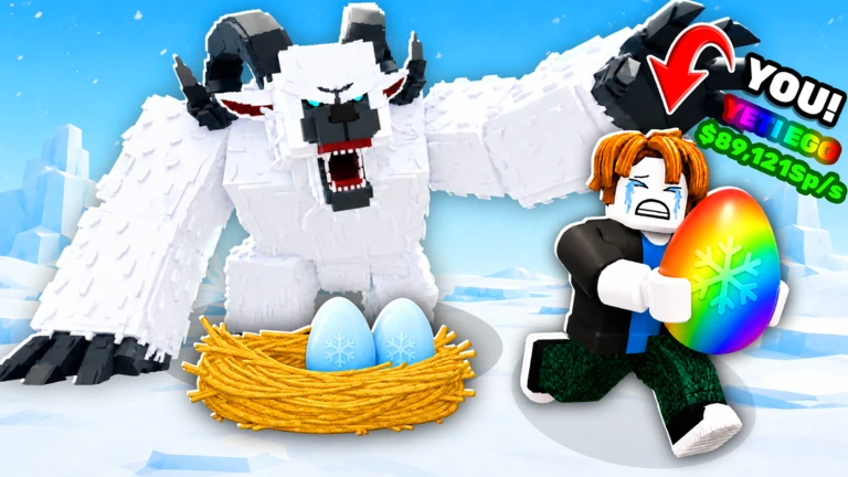 ภาพพรีวิวทางการ Steal An Egg: สัตว์สีขาวขนาดใหญ่มีเขาดำและปากอ้าอยู่ด้านซ้ายหลังรังที่มีไข่สีฟ้าสองฟอง ตัวละคร Roblox วิ่งถือไข่สีรุ้งลายเกล็ดหิมะทางขวา พร้อมข้อความ YOU, JETT EGG และ $89.121Sp/s