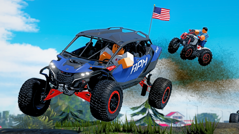 Promotional art: a blue side-by-side off-road vehicle with APM on its door and a US flag on a pole jumps through the air, while a rider on an ATV jumps behind it and throws up dirt