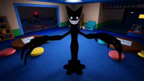 Promotional art: a tall black creature with a wide grin and long clawed arms stands in a dim daycare playroom, with a sign reading Kids Left: 1