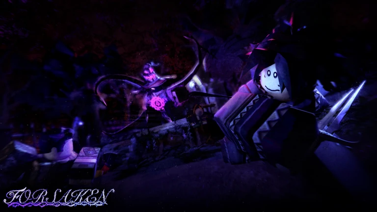 ภาพโปรโมตทางการ Forsaken: ตัวละครหน้าสีอ่อนอยู่ด้านขวาในฉากมืดสีม่วง โดยมีเงาร่างเรืองแสงและตัวละครอีกตัวอยู่ด้านหลัง พร้อมโลโก้ Forsaken มุมซ้ายล่าง