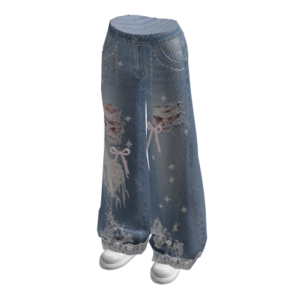 Ripped Wide-Leg Jeans with Hem Print (Blue)