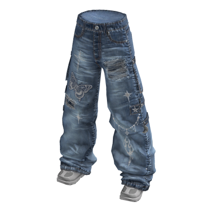 Ripped Patchwork Baggy Jeans (Blue)