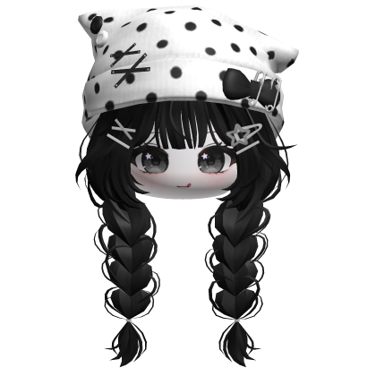 🍀Cute Girl Braided w Beanie(Polka Dot Black) Roblox item